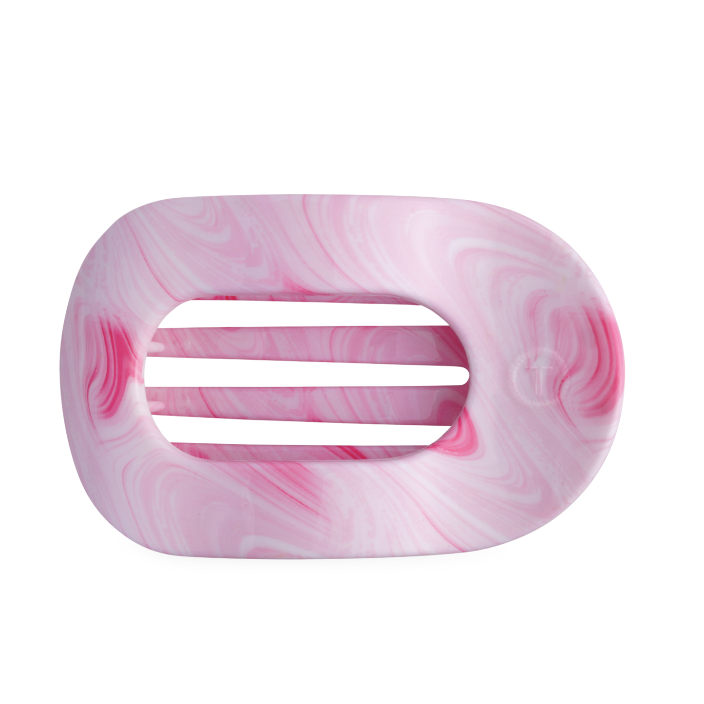 Pink and white marbled hair clip on a white background