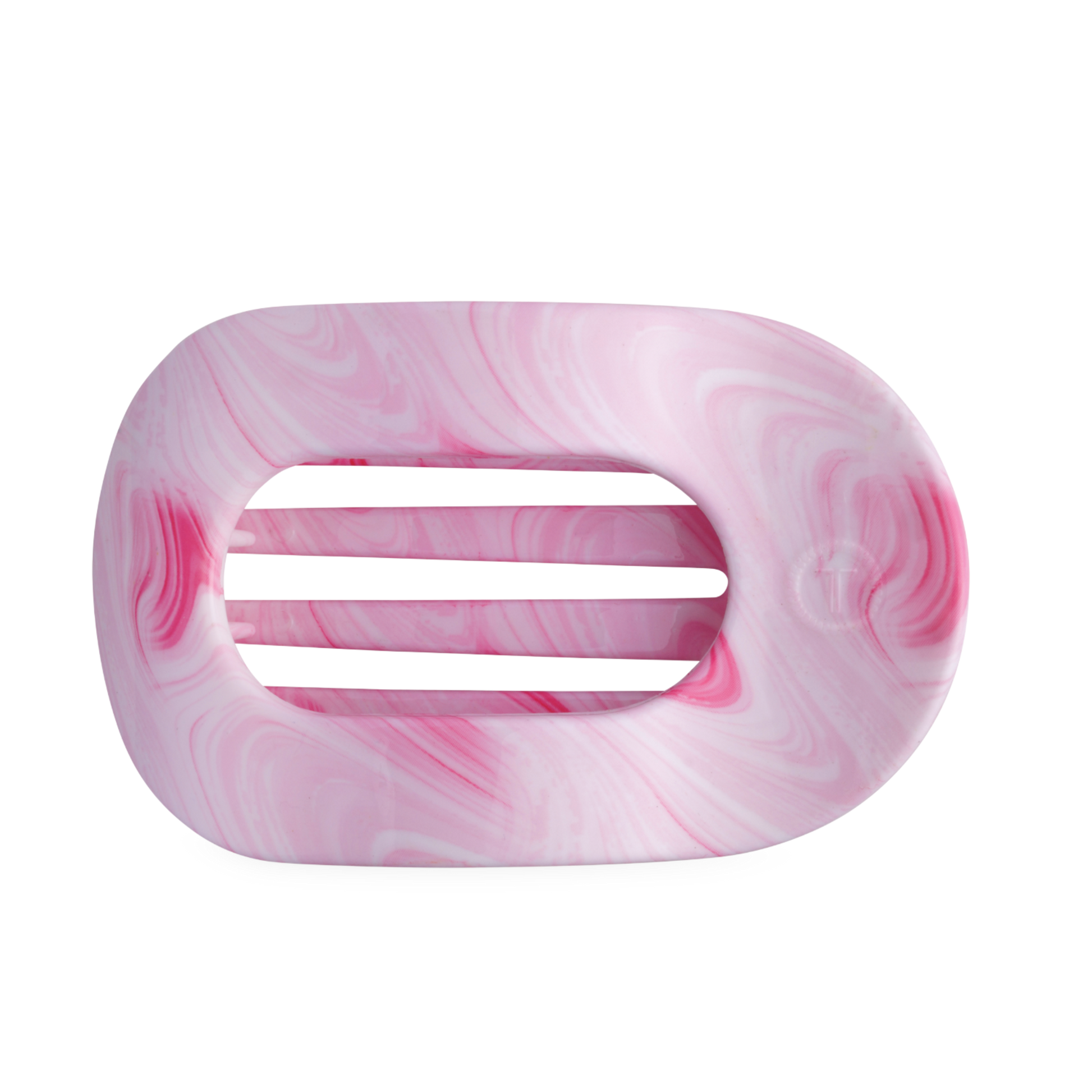 Pink and white marbled hair clip on a white background