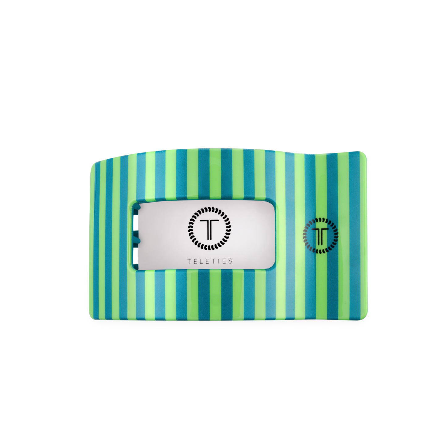 Striped hair clip with a brand label on a white background