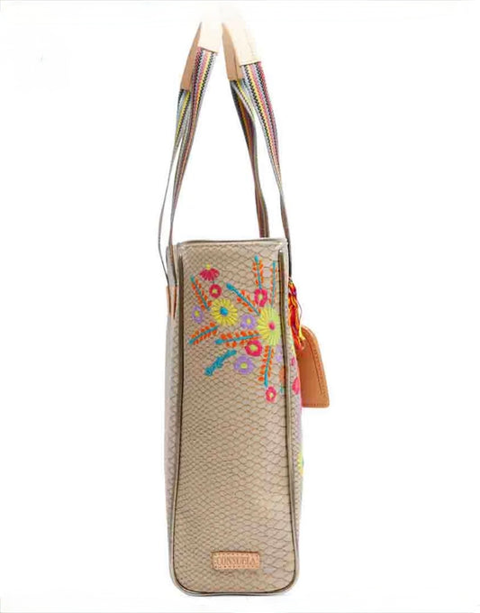 Boho floral beige tote bag with colorful straps