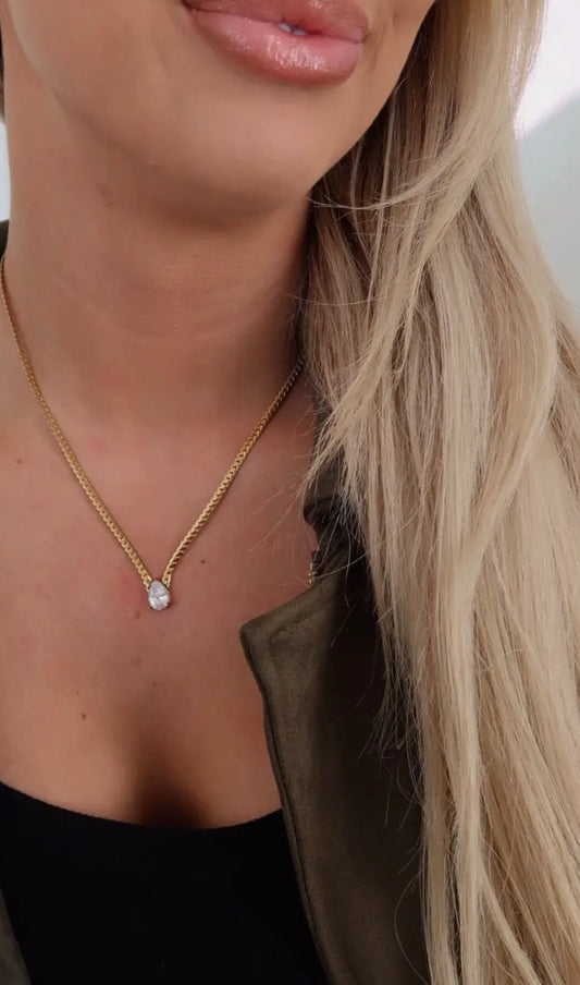 Elegant gold necklace with a bezel set round crystal pendant