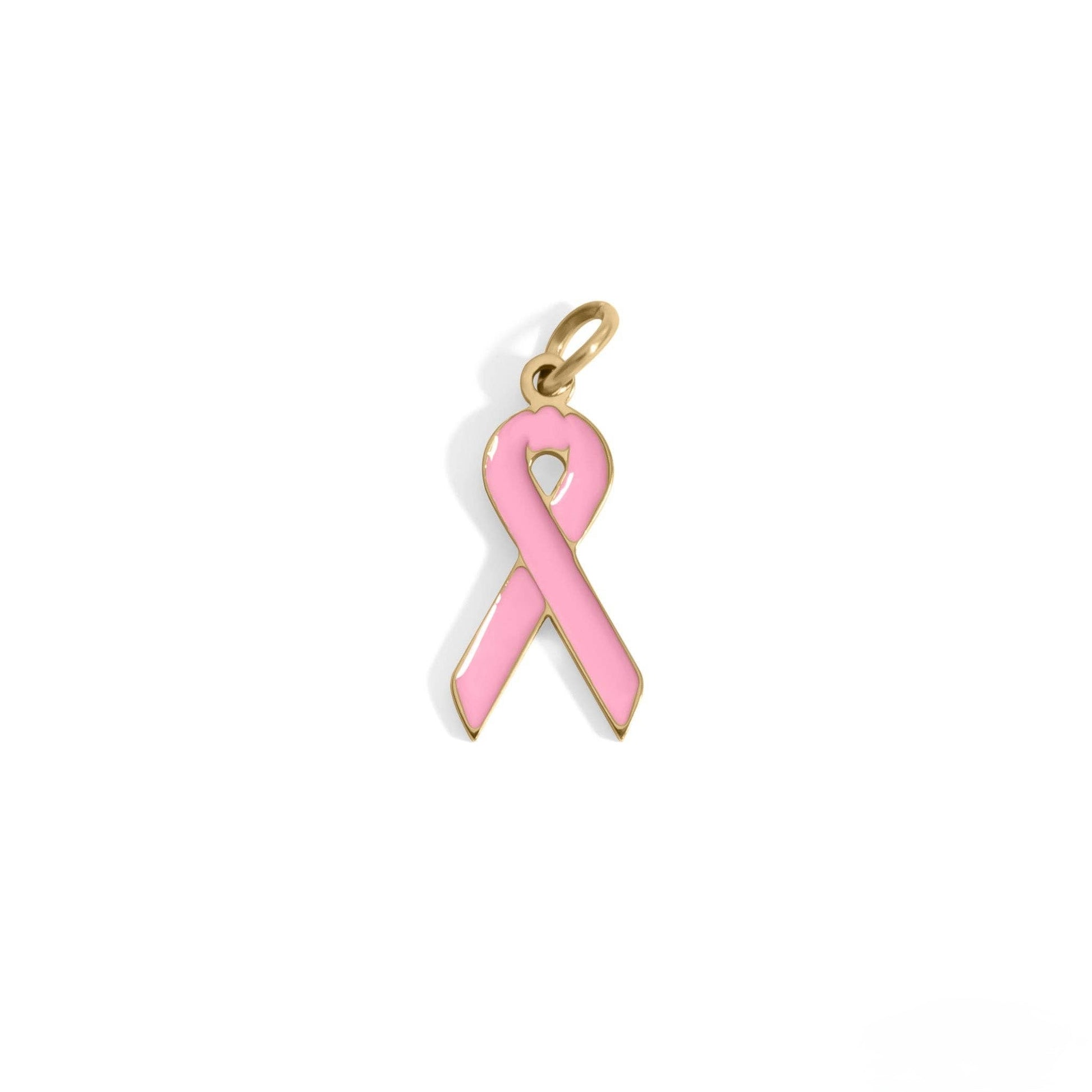 Pink ribbon charm on a white background