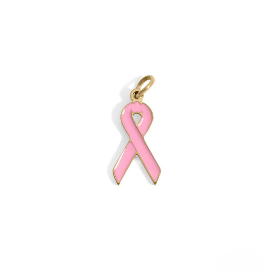 Pink ribbon charm on a white background