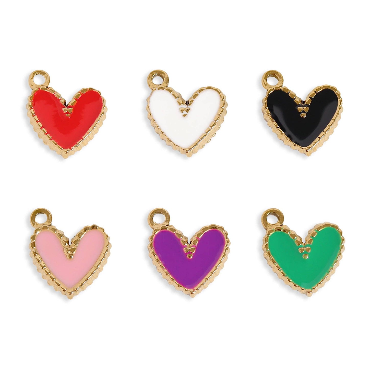 Set of colorful heart-shaped charms with gold borders on a white background