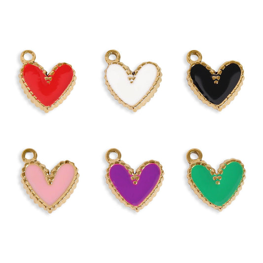 Set of colorful heart-shaped charms with gold borders on a white background