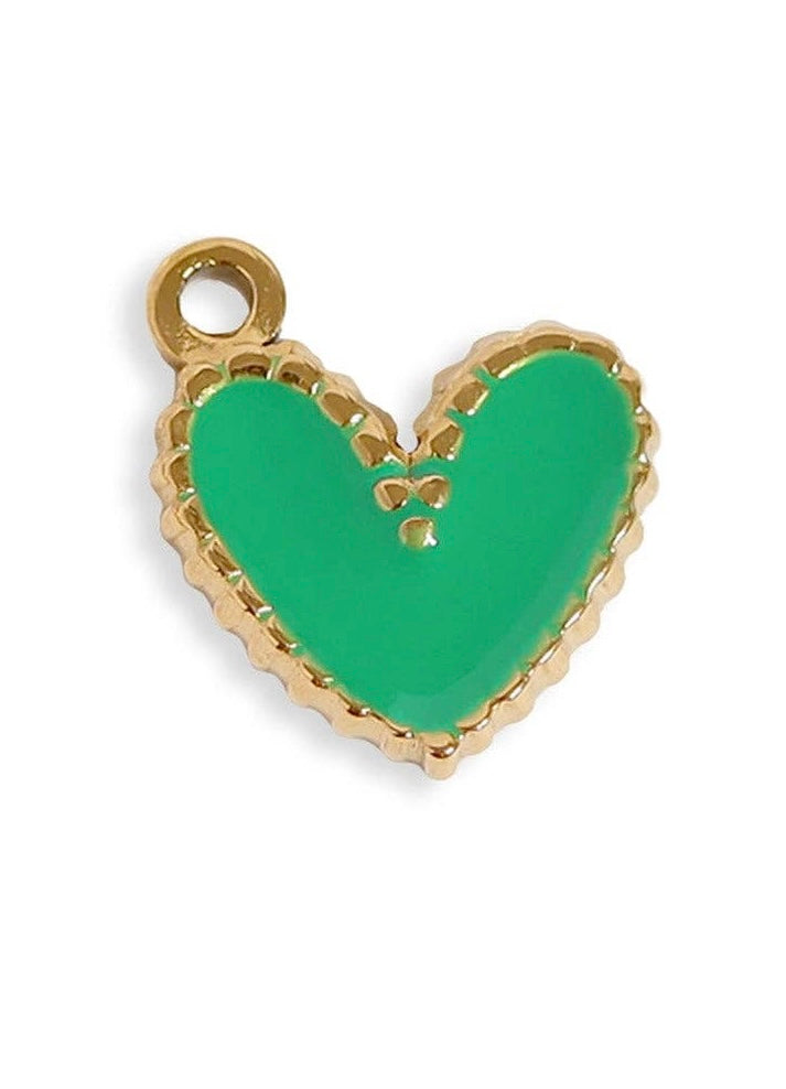 Green heart-shaped charm with gold border on a white background