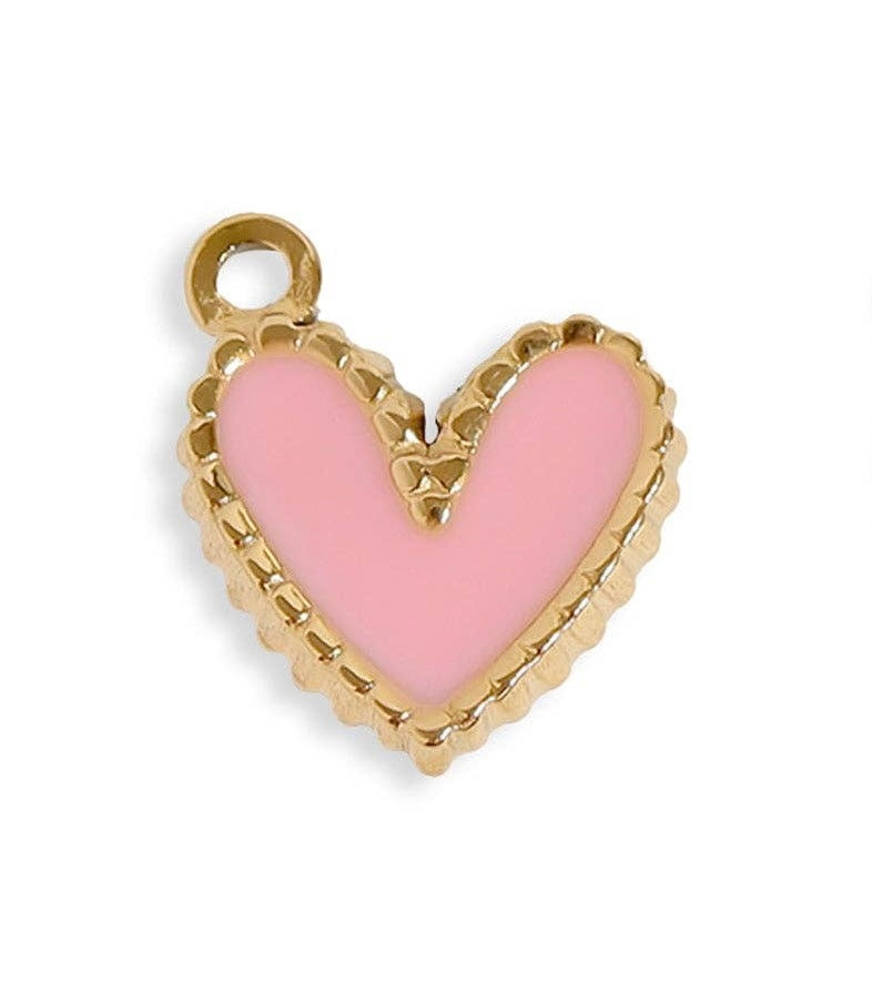 Pink heart-shaped charm with gold border on a white background