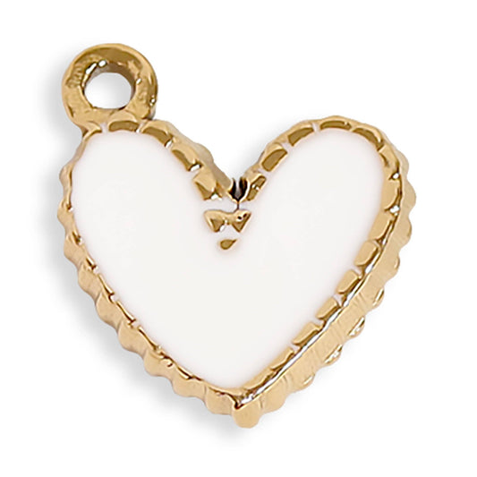 Heart-shaped charm with gold border and white center on a white background