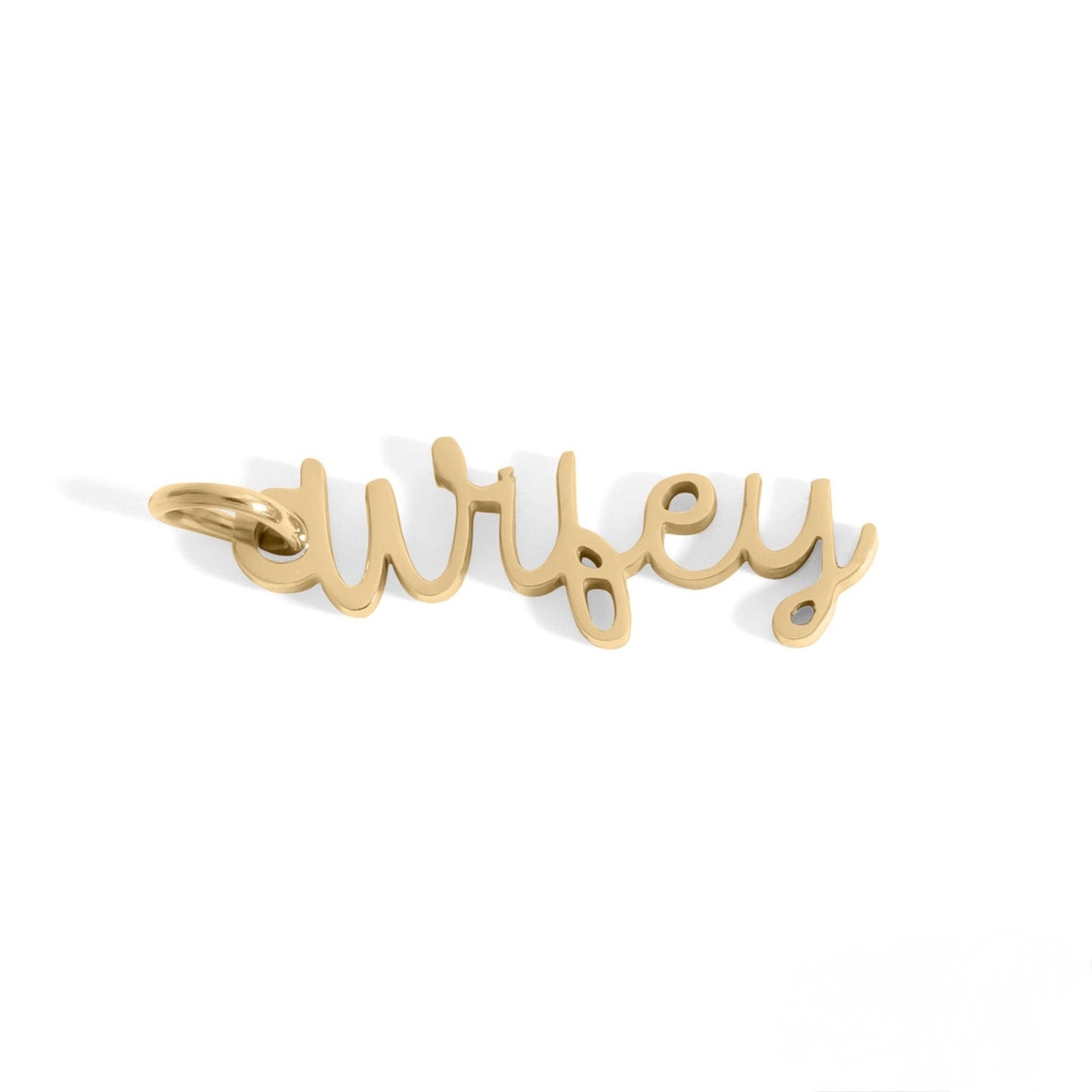 Gold 'wifey' pendant on a white background