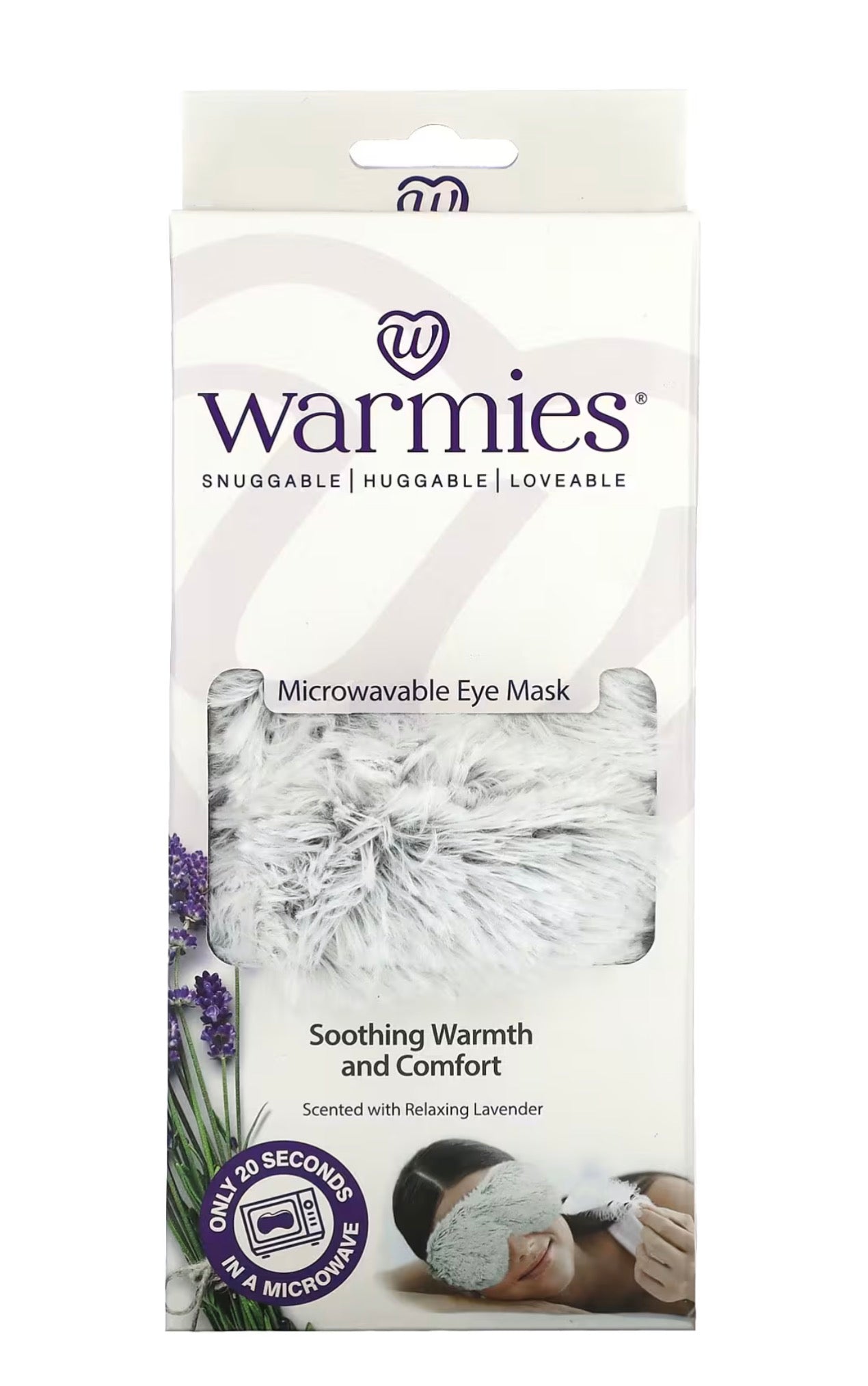 Warmies microwavable eye mask packaging with lavender scent on a white background