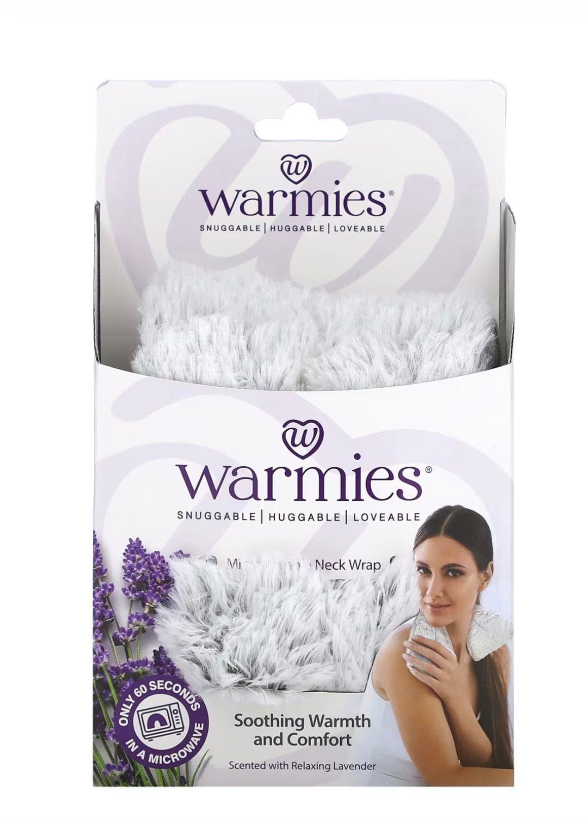 Packaging of Warmies neck wrap with a woman using it on a white background