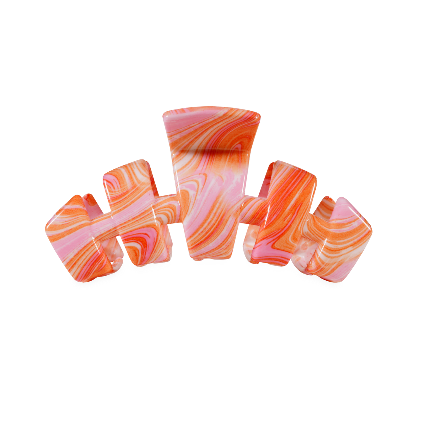 Set of colorful hair clips with pink and orange marbled pattern on a white background
