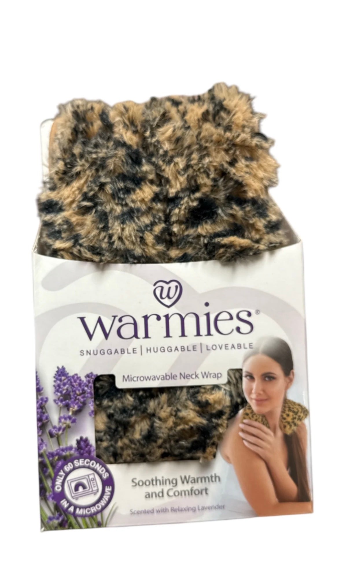 Warmies microwavable neck wrap packaging with a woman holding the product on a white background
