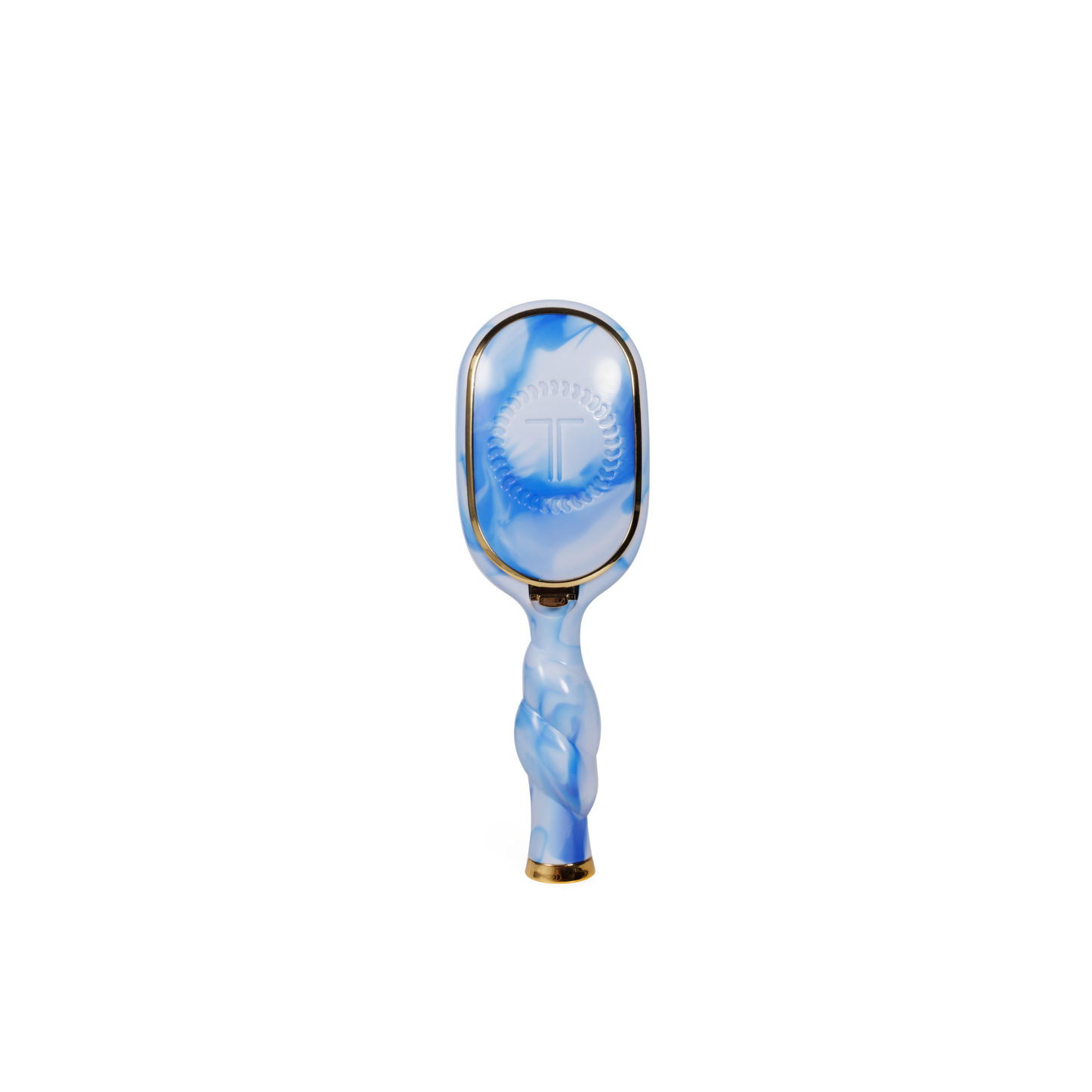 Blue and white hairbrush with a brand logo on a white background