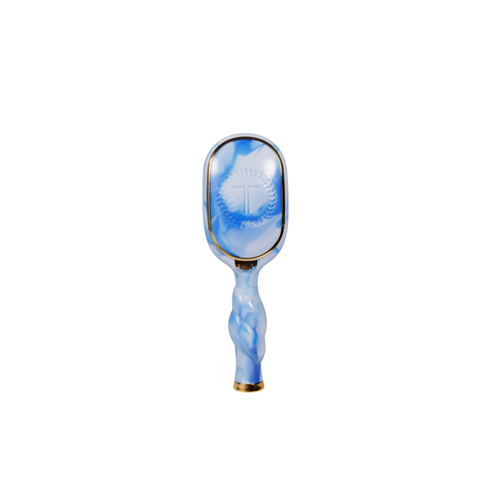 Blue and white hairbrush with a brand logo on a white background