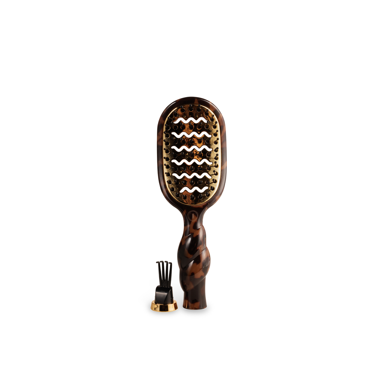Tortoiseshell paddle hair brush with decorative handle on a white background