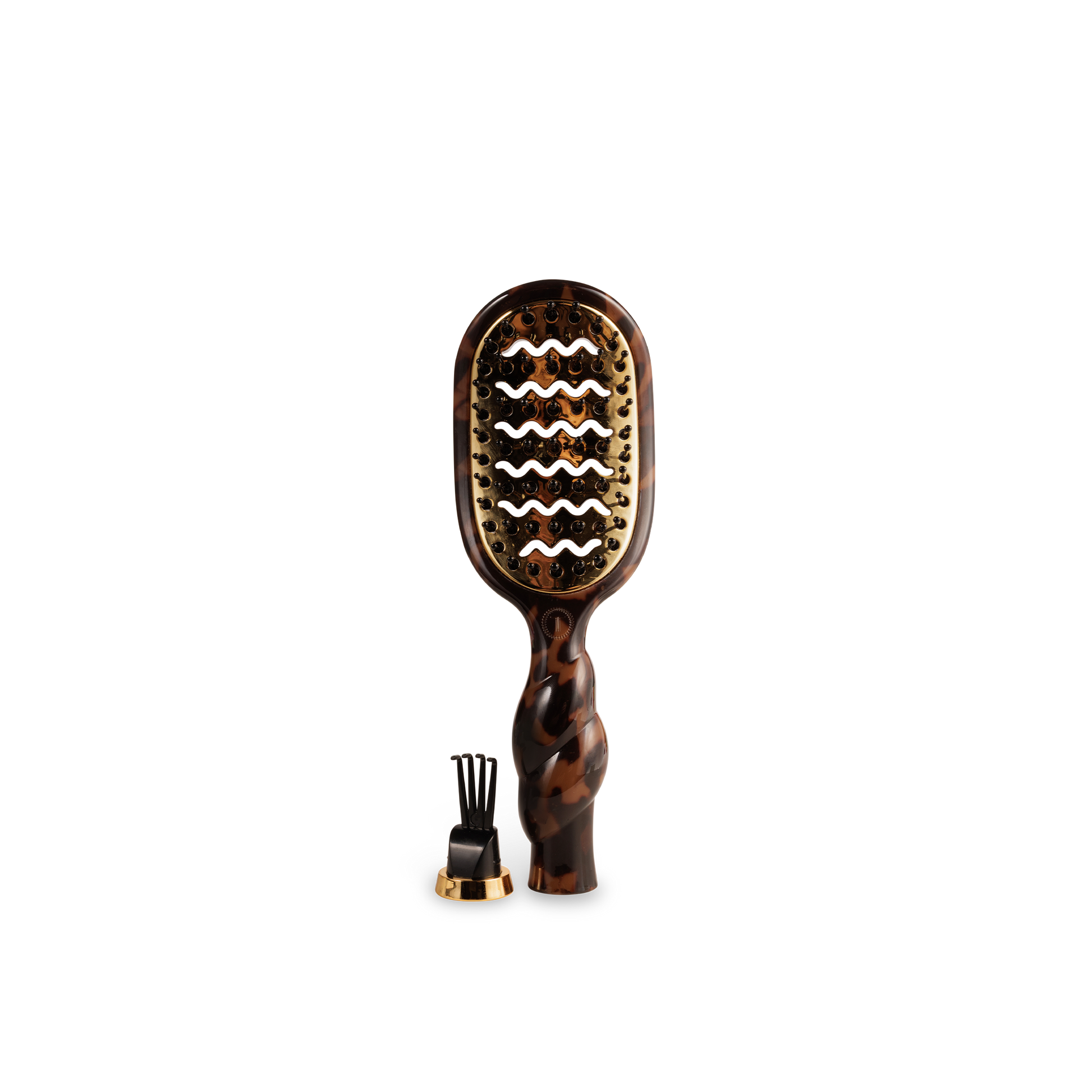 Tortoiseshell paddle hair brush with decorative handle on a white background