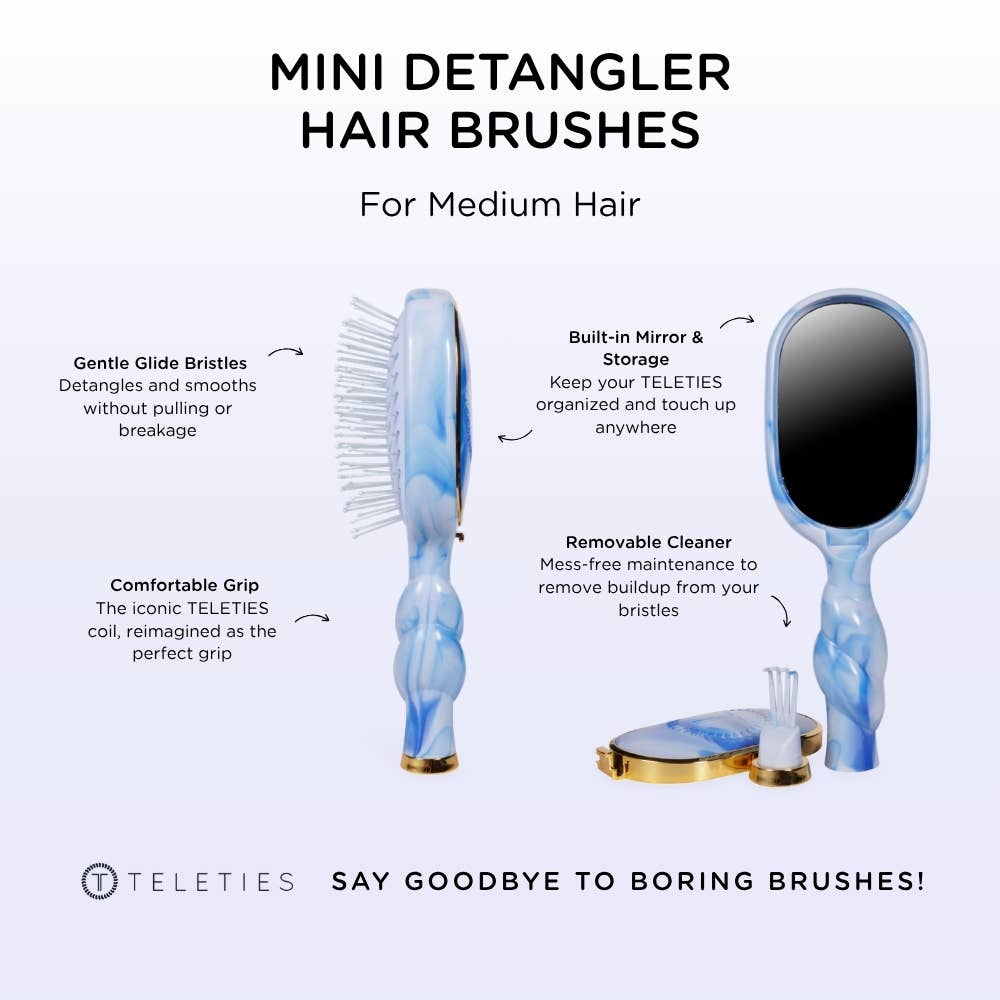 Teleties mini detangler hair brushes with features highlighted on a white background
