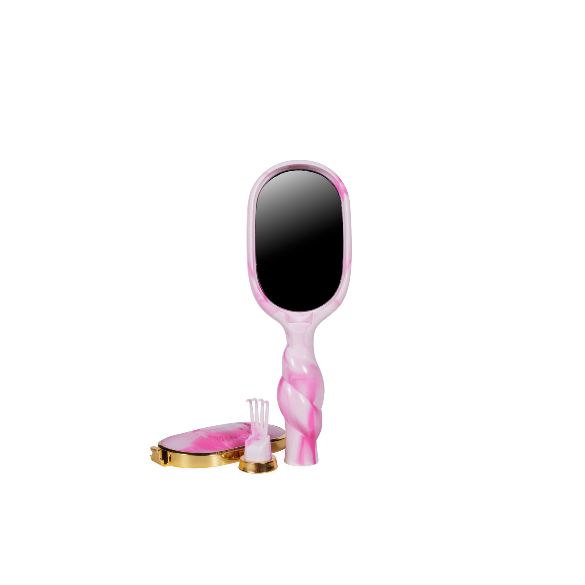 Pink handheld mirror with a black reflective surface on a white background