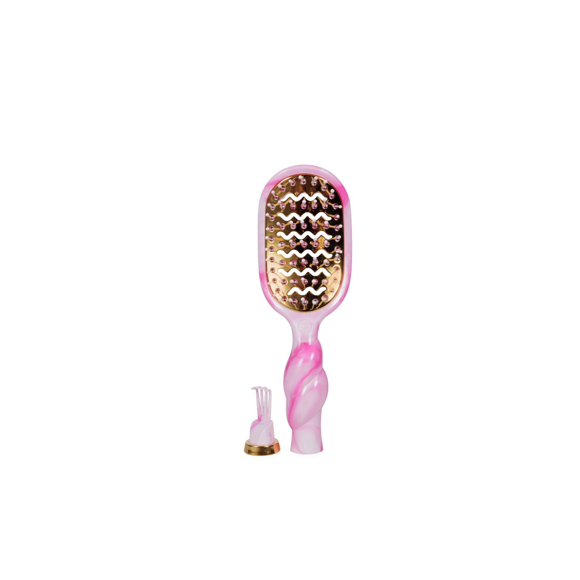 Pink and gold hairbrush on a white background