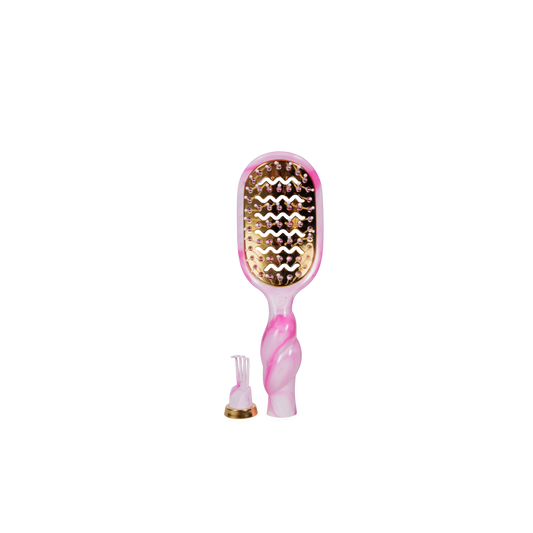 Pink and gold hairbrush on a white background