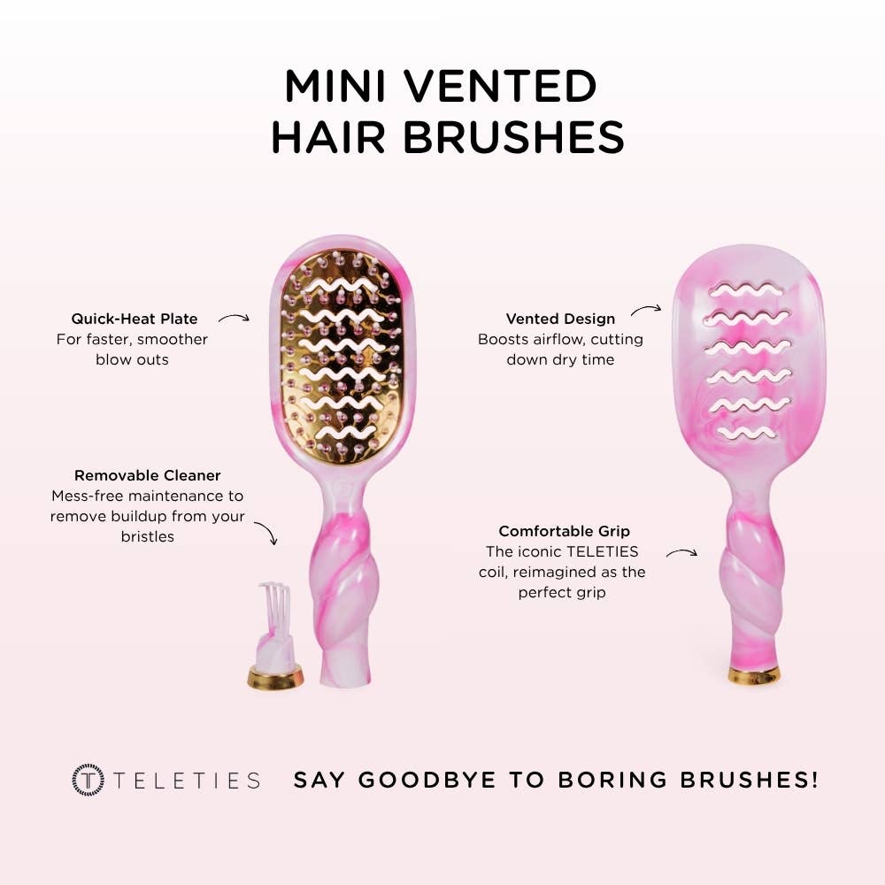 Mini vented hair brushes with features highlighted on a white background