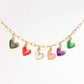 Necklace with colorful heart-shaped charms on a white background