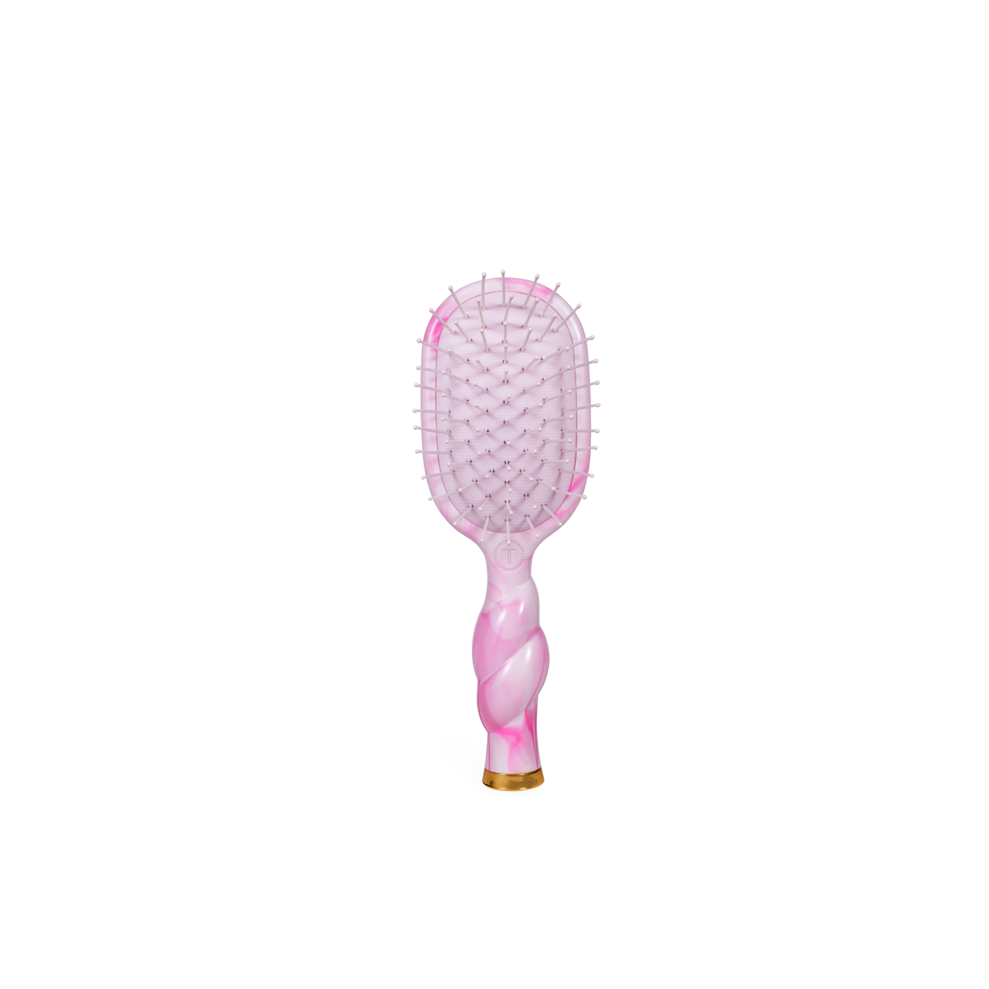 Pink and gold paddle hairbrush on a white background