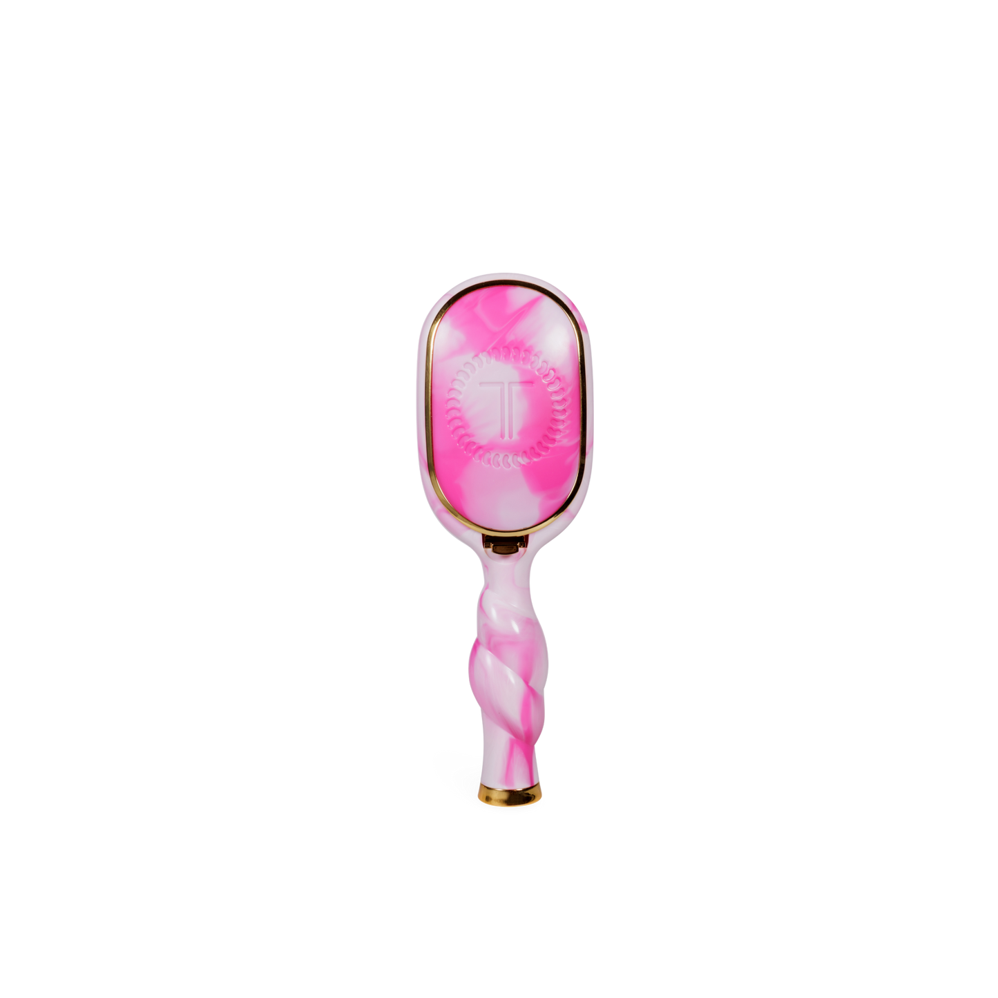 Pink and white hairbrush with gold accents on a white background