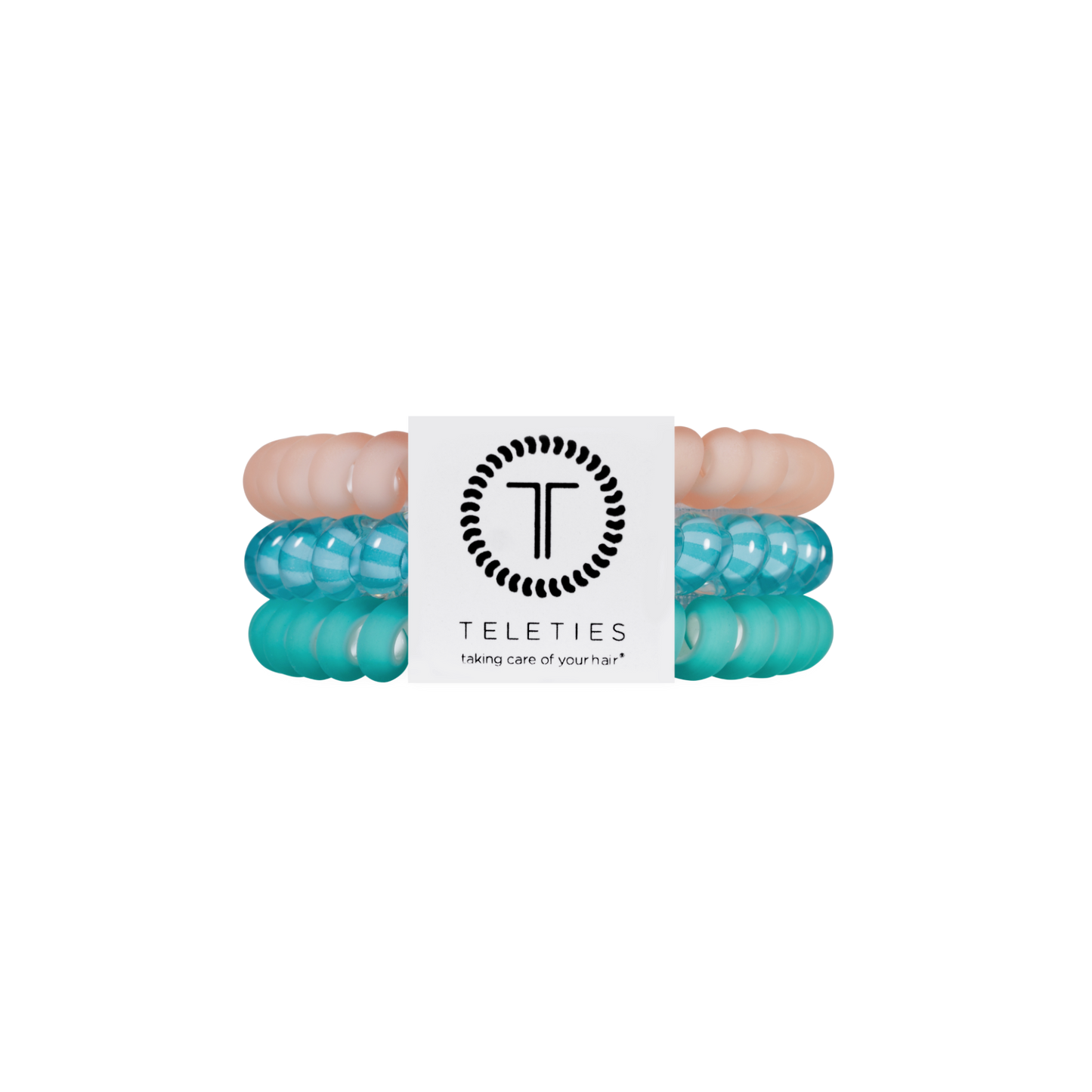 Turquoise hair ties with a white card displaying 'Teleties' brand on a white background