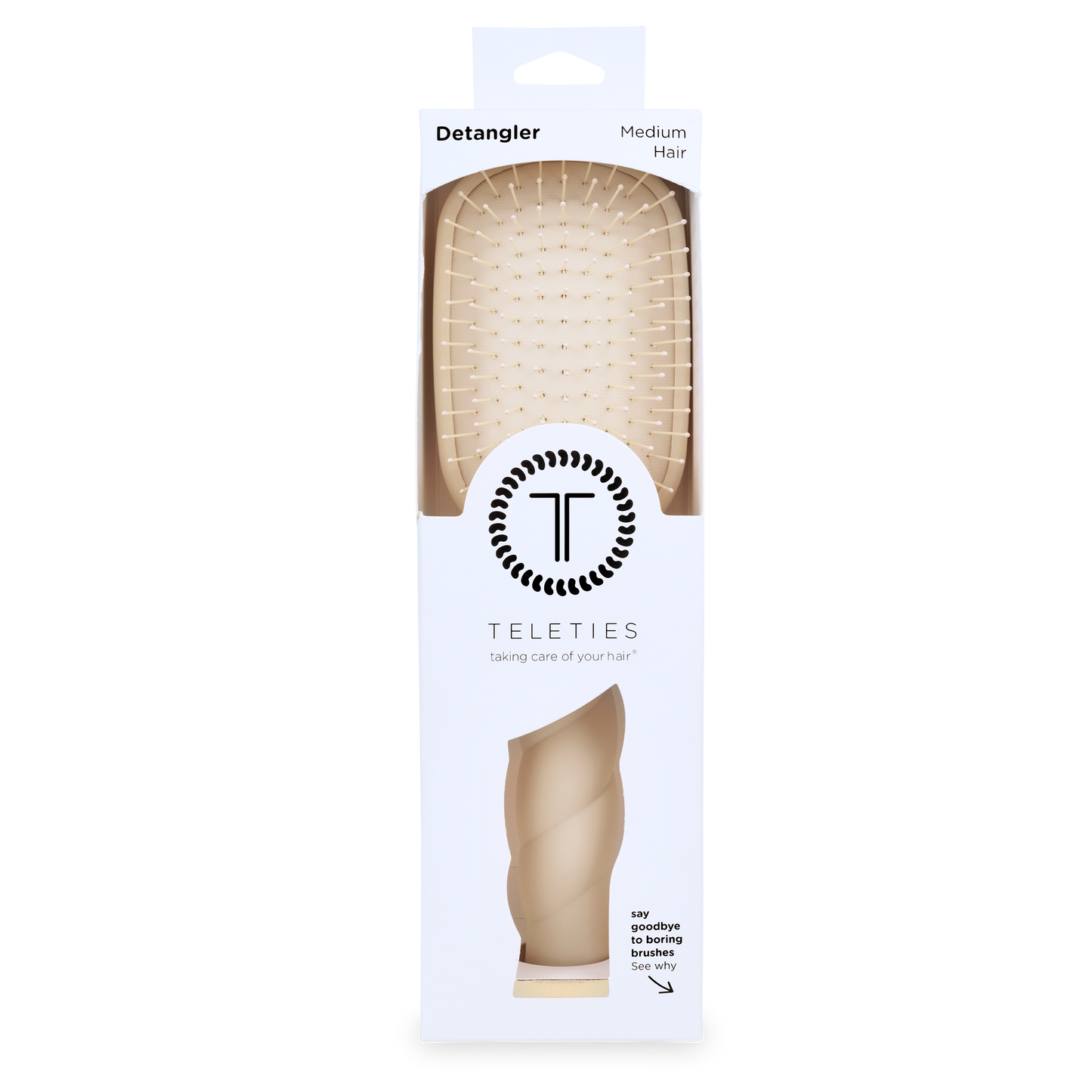 Teleties detangler brush packaging on a white background