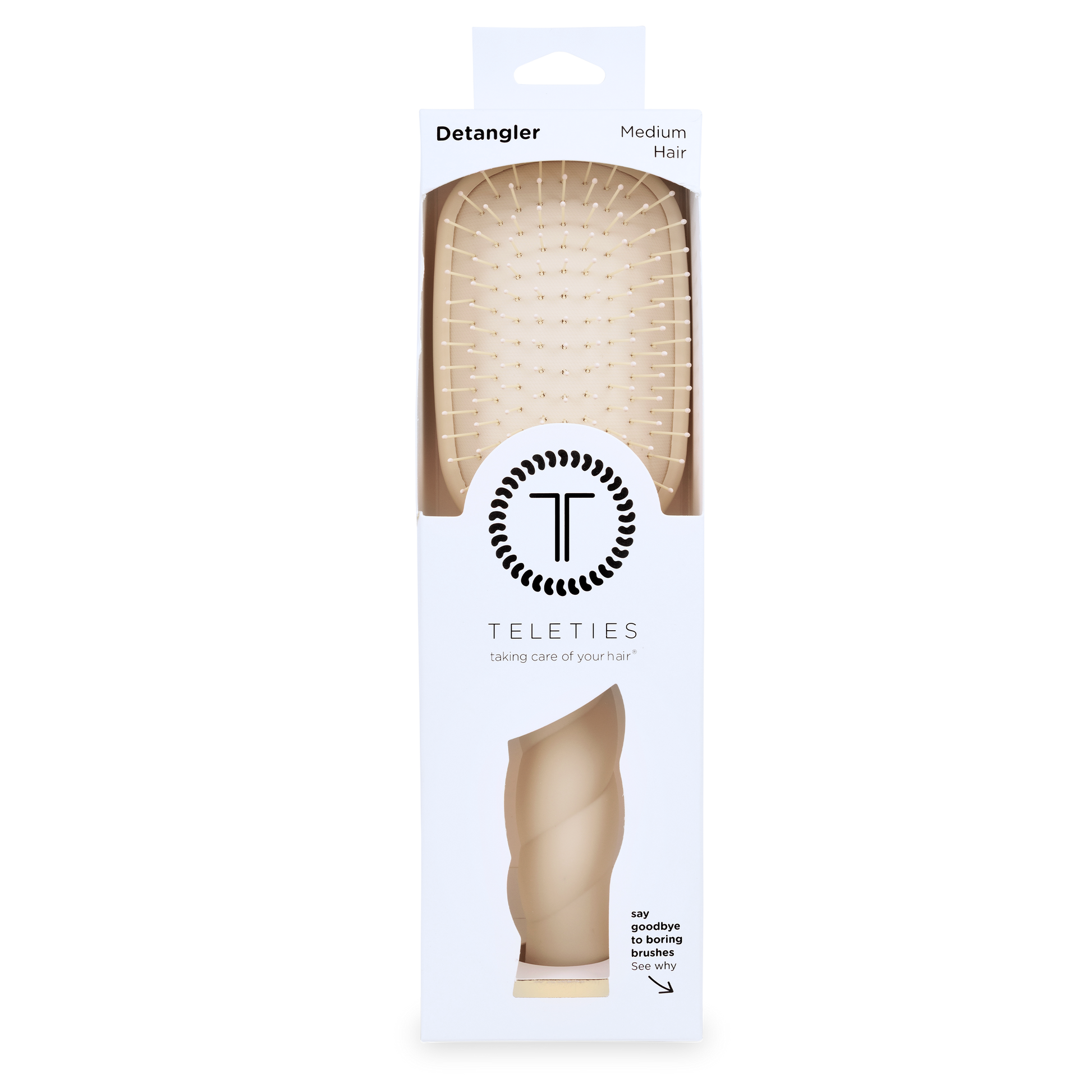 Teleties detangler brush packaging on a white background