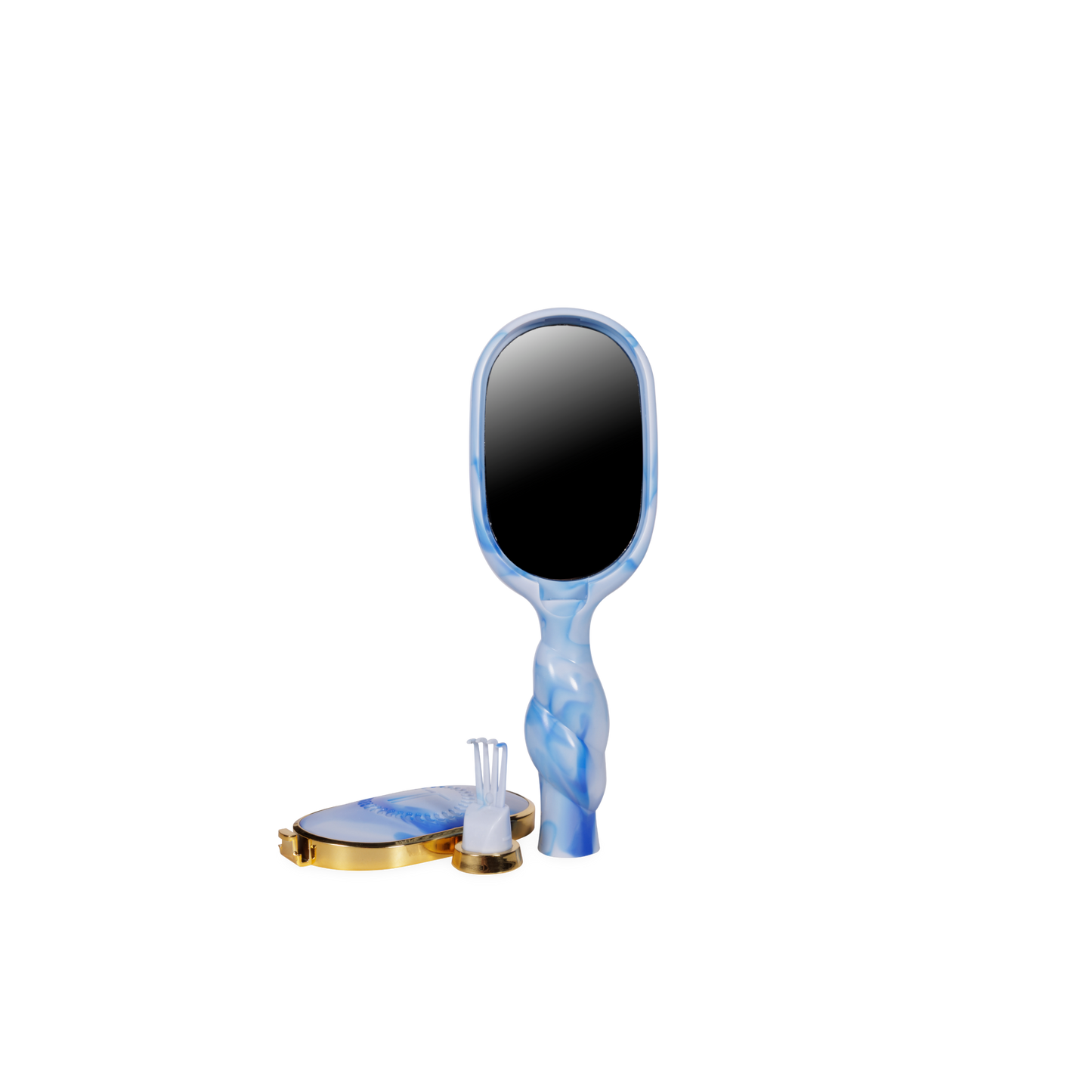 Marbled blue and white hand mirror on a white background
