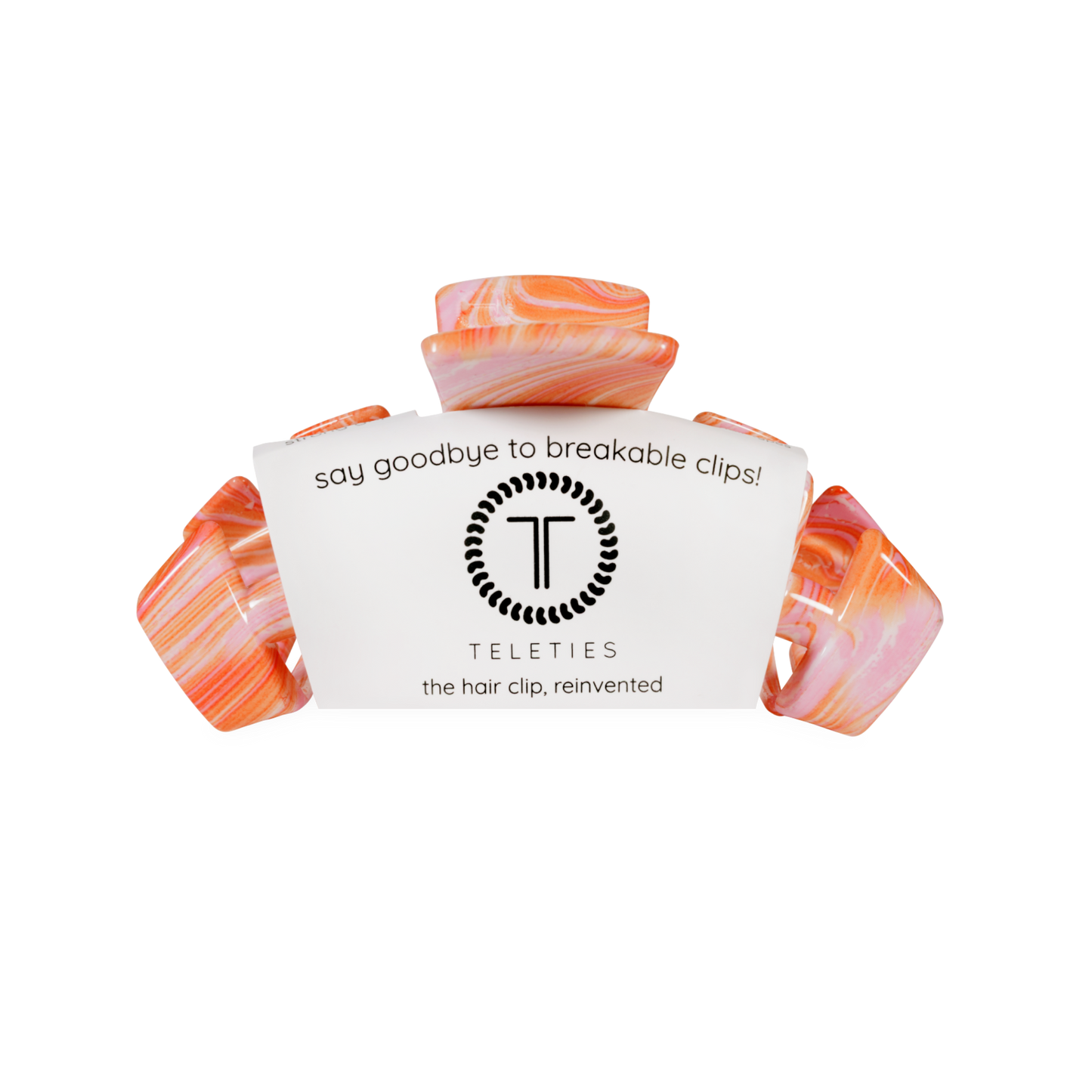 Marbled hair clip with 'Teleties' branding on a white background