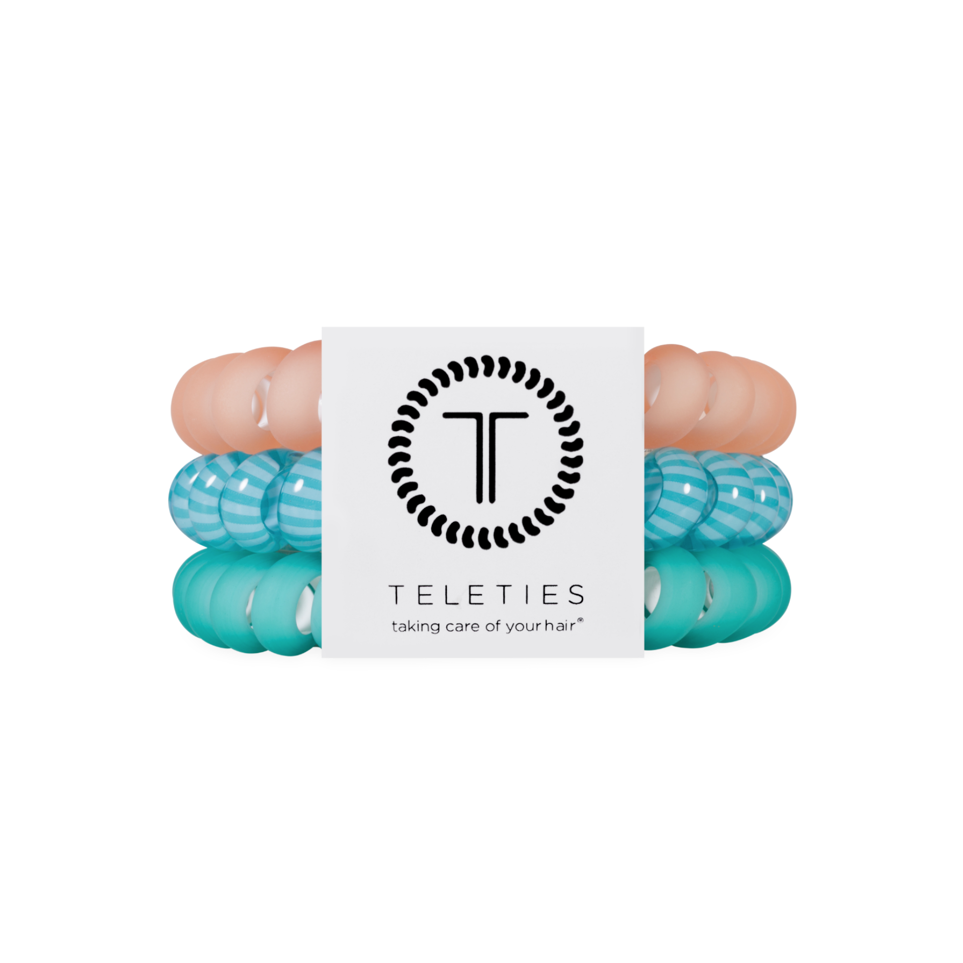 Turquoise hair ties with a visible brand logo on a white background