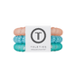 Turquoise hair ties with a visible brand logo on a white background