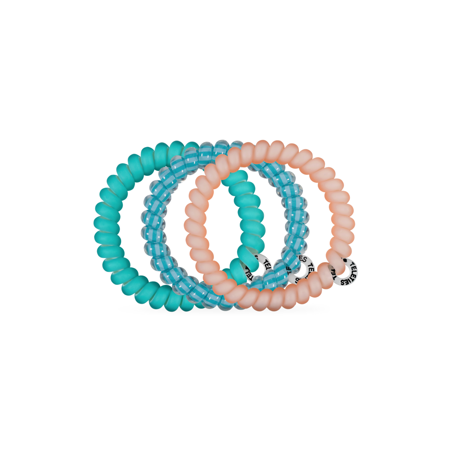 Set of turquoise and peach beaded bracelets on a white background