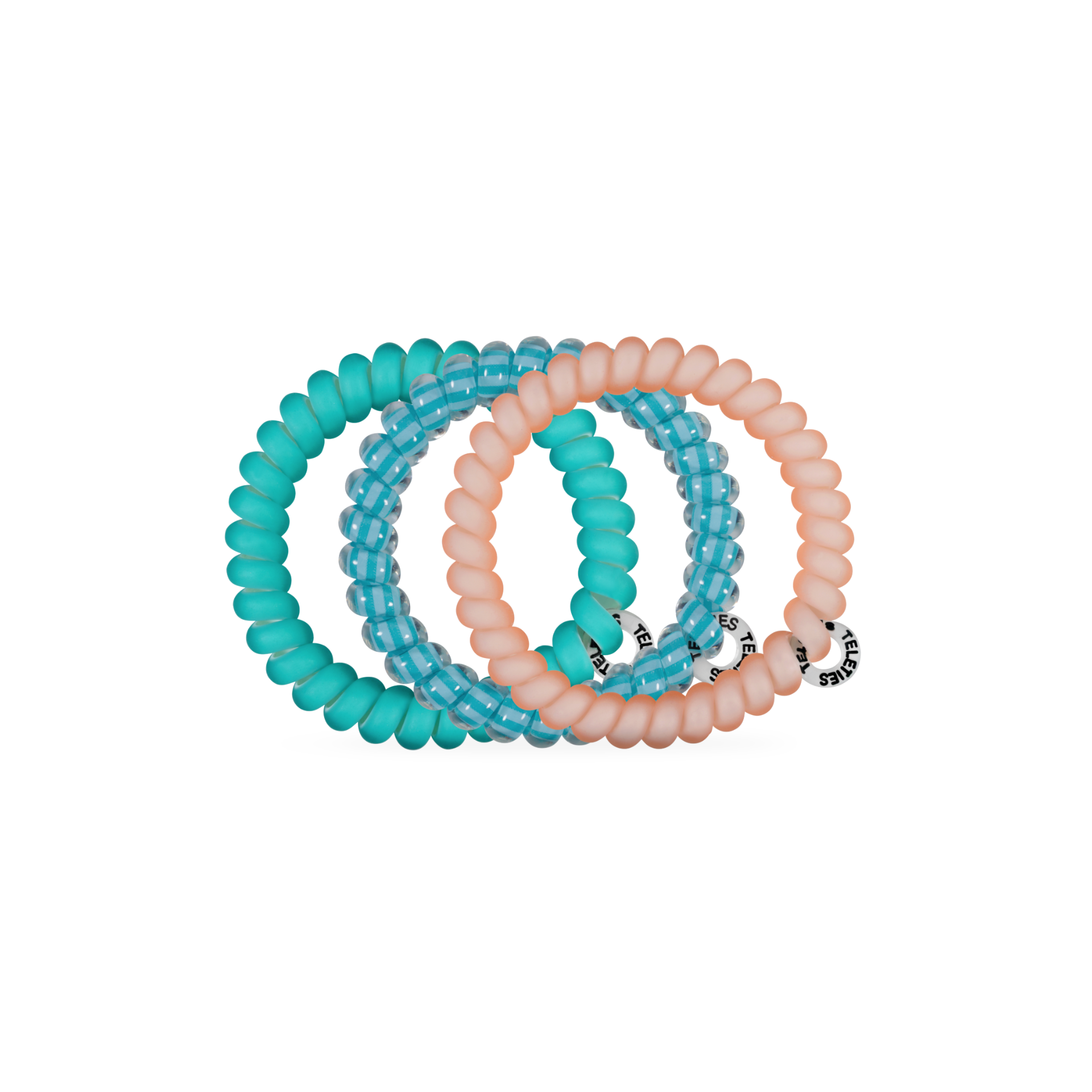 Set of turquoise and peach beaded bracelets on a white background