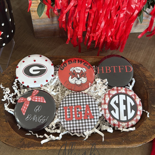 UGA game day decorative buttons in red, black, and white 
