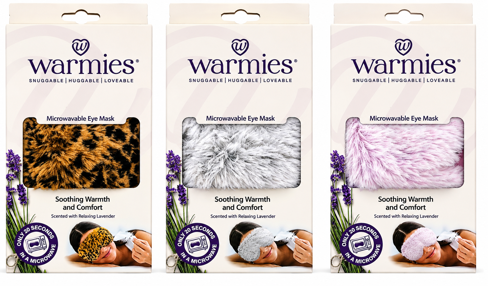 Three packages of Warmies eye masks with different designs and scents.