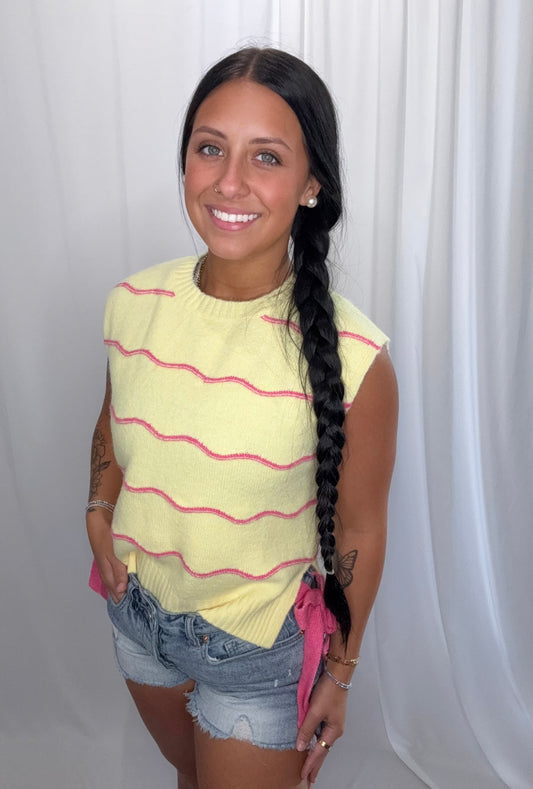 Yellow and pink striped with side tie bow details sleeveless sweater top
